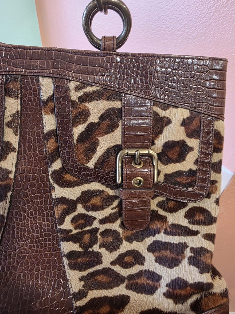 Isabella Fiore Brown Leopard Cowhide Fur Top-Handle Tote Luxury Animal Print Bag - Picture 9 of 16